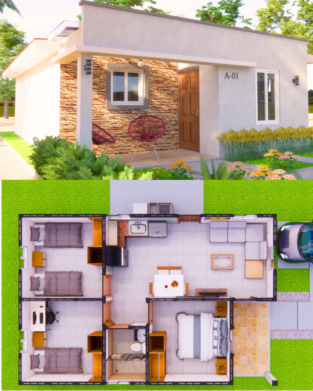 Fachada y Planta Modelo M60