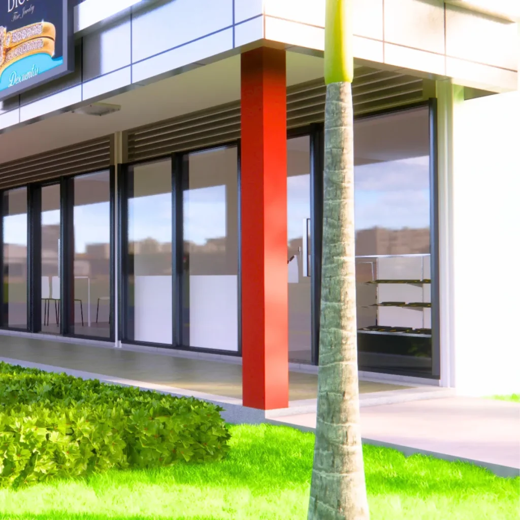 Render arquitectónico moderno de oficinas comerciales de una planta, construidas con el sistema modular de prefabricados Maxiblock.