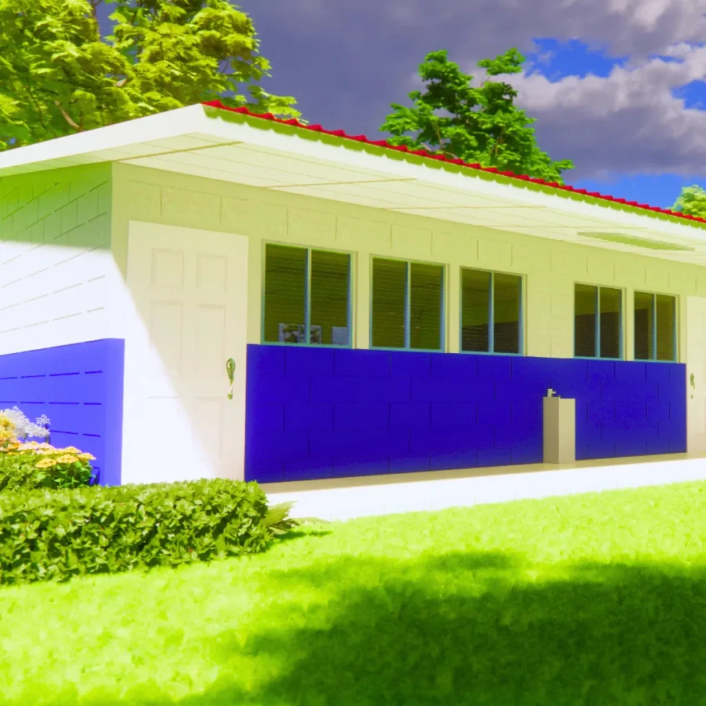 Render 3D de pabellón escolar de una planta construido con el sistema prefabricado Maxiblock de ARCON Industrial en Nicaragua, sismorresistente.