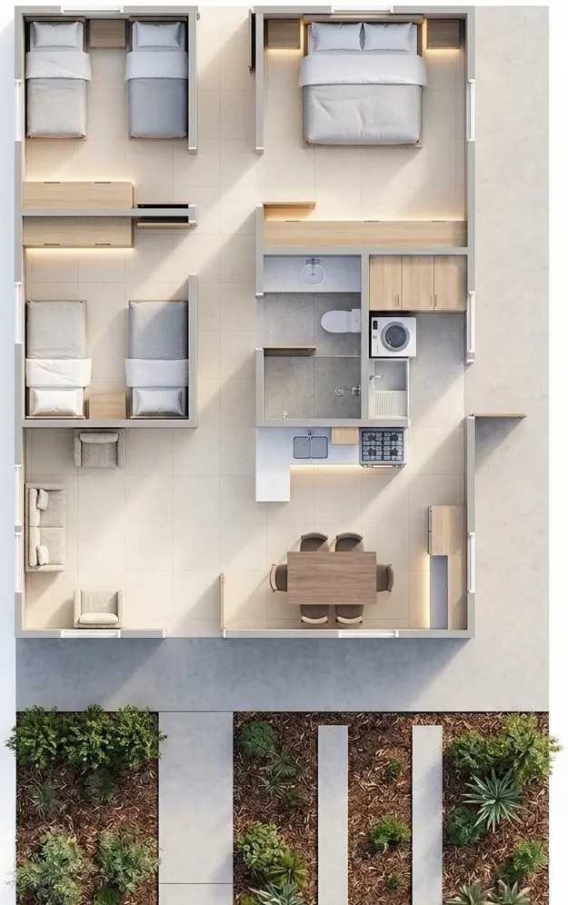 Vista en planta del modelo M70 de viviendas prefabricadas nicaragua. Tres habitaciones, centro de lavado cerrado, cocina y jardín frontal.