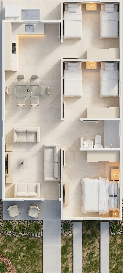Distribución M73 de viviendas prefabricadas nicaragua para terreno alargado. Tres habitaciones, baño central y sala que conecta al porche.