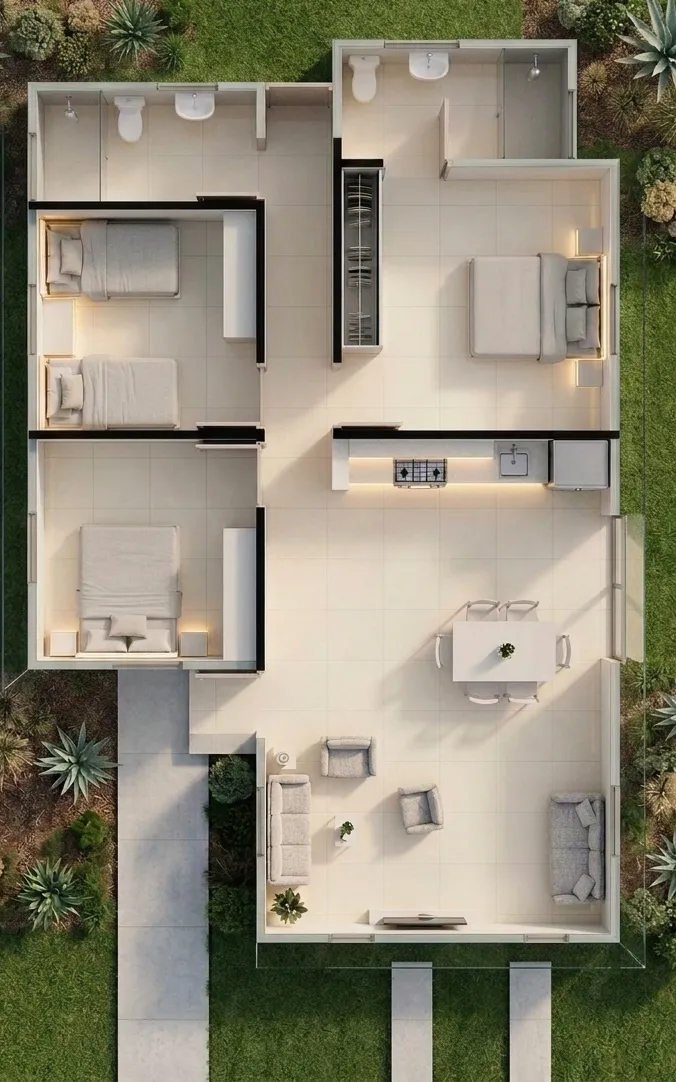 Diseño en planta M91 para viviendas prefabricadas nicaragua. Amplia zona común, tres habitaciones, cocina lineal y áreas verdes.