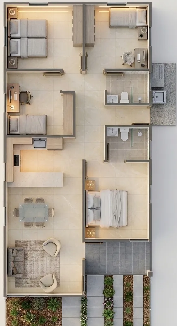 Planta arquitectónica M95 para viviendas prefabricadas nicaragua alargadas. Tres habitaciones, dos baños y área social de concepto abierto.