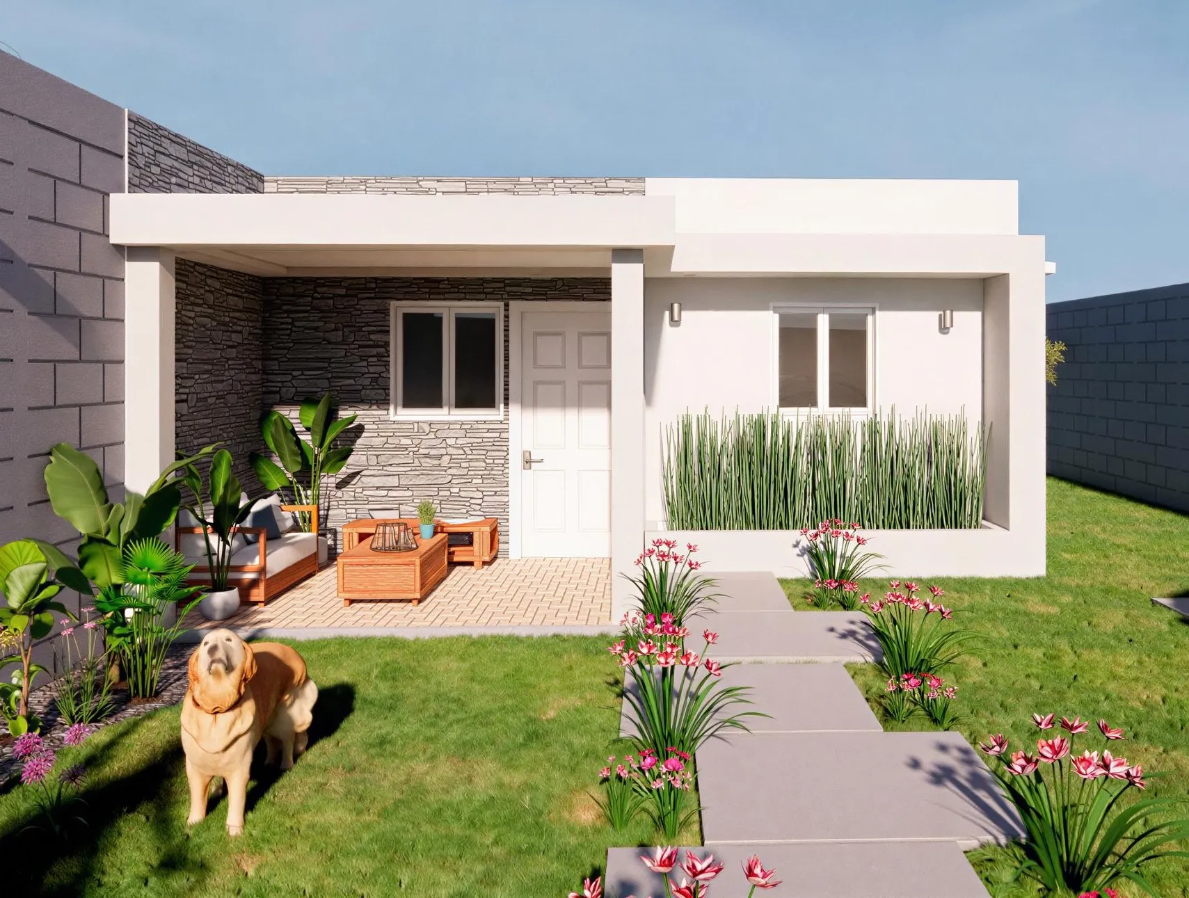 Fachada residencial Xolotlán para viviendas prefabricadas nicaragua. Muros lisos blancos, texturas de piedra y porche moderno con jardín.