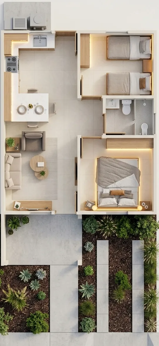 Render de distribución interior de viviendas prefabricadas nicaragua compactas. Incluye habitaciones, baño, sala, cocina en U y jardín frontal.