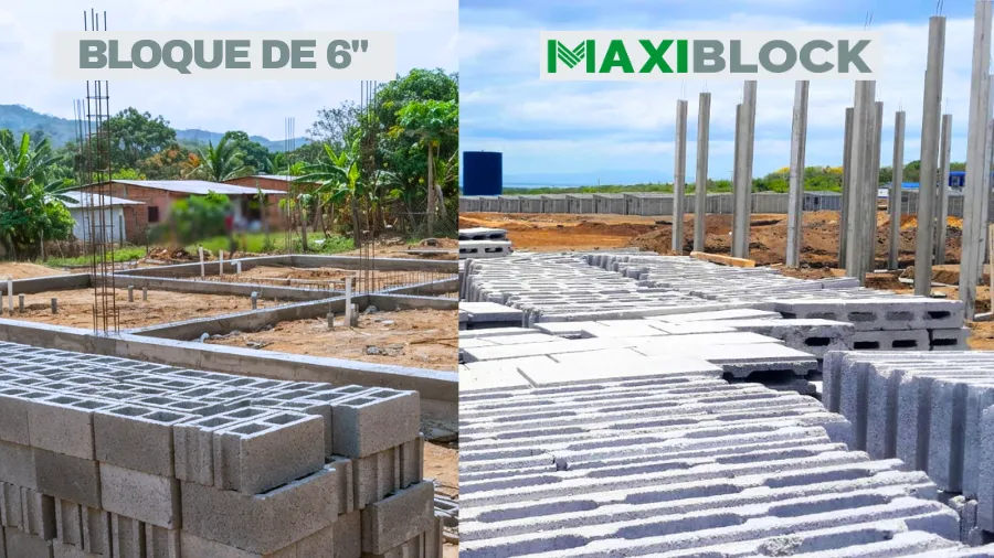 Pila de bloques de concreto tradicionales de 6 pulgadas en Nicaragua frente a bloques modulares sismorresistentes MAXIBLOCK