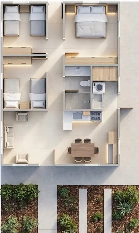 Vista en planta del modelo M70 de viviendas prefabricadas nicaragua. Tres habitaciones, centro de lavado cerrado, cocina y jardín frontal.