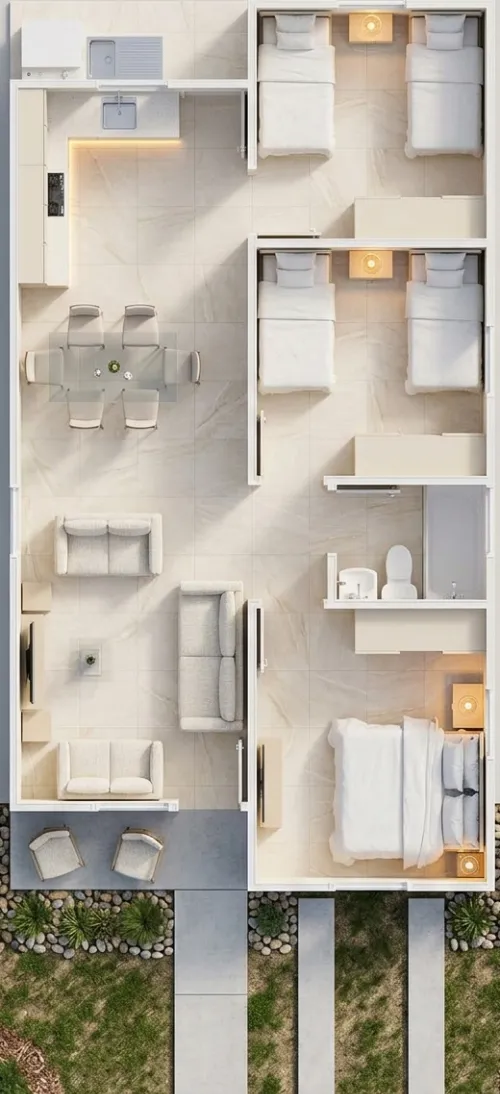 Distribución M73 de viviendas prefabricadas nicaragua para terreno alargado. Tres habitaciones, baño central y sala que conecta al porche.