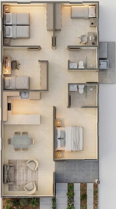 Planta arquitectónica M95 para viviendas prefabricadas nicaragua alargadas. Tres habitaciones, dos baños y área social de concepto abierto.