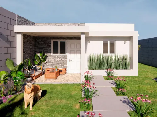 Fachada residencial Xolotlán para viviendas prefabricadas nicaragua. Muros lisos blancos, texturas de piedra y porche moderno con jardín.