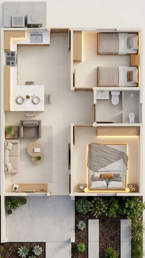 Render de distribución interior de viviendas prefabricadas nicaragua compactas. Incluye habitaciones, baño, sala, cocina en U y jardín frontal.