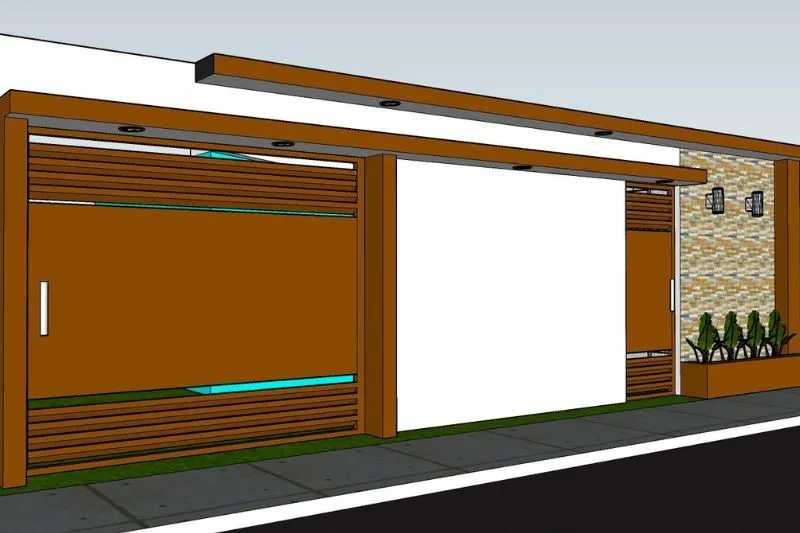 Render de diseño en SketchUp que muestra la propuesta de una fachada frontal elegante y moderna. Destaca un portón vehicular y una puerta peatonal de metal color marrón madera, una sección central de pared blanca lisa y un extremo derecho revestido de piedra decorativa con luminarias de pared y una jardinera integrada.